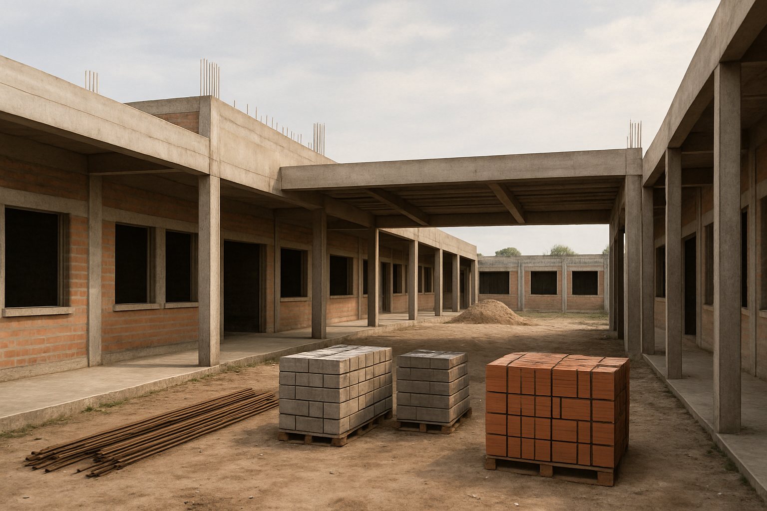 Imagen ilustrativa de un edificio escolar en construcción en un entorno suburbano del oeste bonaerense.